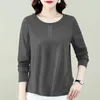 Women's T Shirts 2024 Spring Autumn Solid Color Fashion Round Neck Long Sleeve T-shirt Women Casual Loose Button Vintage All-Match Pullover