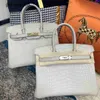 Top Cowhide Handbag Brkns Genuine Leather Crocodile skin belly half honey wax 30 with style pearl grayP3UM6C4V