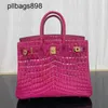 Handmade 7a Handbag Bikns Genuine Leather Arch Pearl Crocodile Skin Rose Red 25CM Gold Button Handheld Womens78UW