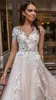 Wedding Dress Bridal Gowns Sheer Long Sleeves V Neck Embellished Lace Embroidered Romantic Princess Blush A Line Beach