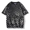 Men's T Shirts Diamond Check Sequin Shirt For Men Half Sleeved Hip Hop Stage High Quality Oversized Loose Fit Tees Smooth Camisetas De