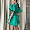 Festklänningar damer French Elegant Dress Summer Urban Bubble Sleeve V-Neck Slim Solid Color Paraply