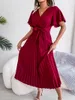 Party Dresses Women Pleated Midi Long Dress V Neck Short Flounce Sleeve Elegant Belted Big Hem Solid Color