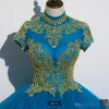 Robes de quinceanera bleu couches en dentelle en or