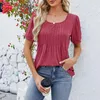 Kvinnors T -skjortor Kvinnor Fashion Casual Shirt Solid Color Round Neck Pleated Slim Short Sleeped Stretch Top Summer Elegant Ladies Bluses