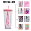 Réutilisable 16 oz 24 oz tumbler doubles mur à double paroi isolée transparente tasse acrylique tasses de voyage classiques de bois de boisson boisson boisson gobeleuse avec les couvercles et les pailles 5 couleurs