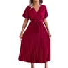 Party Dresses Women Pleated Midi Long Dress V Neck Short Flounce Sleeve Elegant Belted Big Hem Solid Color