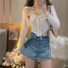 Korean Style 2024 Spring New Arrived Women Tops Two Piece Set Short Pullover Halter Irregular Camis + Long Sleeve Lace-up Cardigan Female Solid Color Sunscreen Shirts