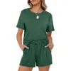 New Women's 2024 Casual Solid Short Sleeved Elastic Lace Up Pocket Shorts Set s