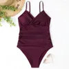 Women's Swimwear Women Beach Monokini Deep V Neck Low-cut Backless Sleeveless Pleated Bathing Spaghetti Strap Slim Fit