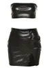 Women's Two Piece Pants Fashion Sexy Wind Black PU Leather Slit Tube Top