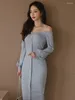 Casual Dresses Spring Ladies Solid Work Style Formell Women kläder Elegant Office Pendla Sexig off-shoulder Slim Dress Robe Vestido