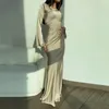 Casual Dresses Women Round Neck Dress Elegant Satin Maxi med långa horn ärmar för promfest mjuk andningsbar aftonklänning