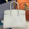 Top Cowhide Handbag Brkns Genuine Leather Crocodile skin belly half honey wax 30 with style pearl grayP3UM6C4V