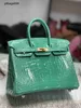 Women Brkns Handbag Genuine Leather 7A Handswen Crocodile Belly 25CM Elegant Luxury Green3QOY