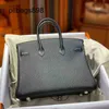 Designer Brkns Handbag 7a Genuine Hand sewn 2530cm black gold silver buckle lychee pattern top layer cow Togo