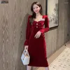 Robes décontractées 2024 S Femmes Sexy Lady Work Office Year Party Christmas Party Elegant Long Lace Velvet Robe