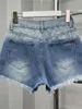 Dames jeans European Station Denim Shorts 2024 Zomermode losse slanke gescheurde strass Tassel A-lijn brede poten broek