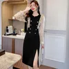 Vestidos casuais 2024 Pathowrk preto Manga longa Midi Dress Autumn Winter Chic Ruffled Lady Lady Mulheres Coreias Vintage Party Night Night Night