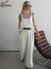 Women's Two Piece Pants Oymimi Casual White Loose Sets For Women 2 Pieces Elegant Square Neck Tank Tops And High Waisted Simple Trousers