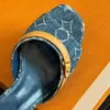 Designer Revival Mule Designer Blue Denim Sandals ricamato con tacchi a spillo stampati in pelle toppa topi a infradito lady Summer Denim Mule Sandal High tallone