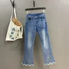 Frauen Jeans Mutter Strasssteine bestickte Frau 2024 Sommer Modewelle ausgefranter Saum Schlanker Fit Denim Cropped Boot-Cut-Hose für Frauen