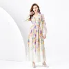 Designer Casual Party Floral Maxi Dress V-neck Long Sleeve Women Printed Cardigan Shirt Dresses Runway Elegant Belt A-line Beach Resort Cocktail Robes Clothes 2024