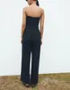 Kvinnors jumpsuits Black Loose Wide Ben Linen Blended Tube Top Pants