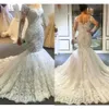 Luxe Lace Mermaid Wedding Jurken kralen Peads pailletten elegante off -schouder pure pure mouwen Appliques bruidsjurken met knop bedekte rug BC18314 0418