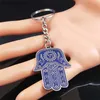 Keychains Lanyards Edelstahl Hamsa Hand Fisch Augen Schlüsselbauer Blau Silber Farbe Hand des Fatima Hebräisch Judentum Hexagramm Schlüsselring Schmuck K3706S02 Y240417