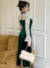 Casual Dresses Celebrity Vintage Prom Women Luxury Sexy Qipao Green Sheer Lace Hollow Folds Long Robe Party Cheongsam BanquetVestidos