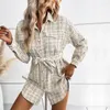 Women's Blouses Qybian 2024 Autumn Winter Fashion Long Checkered Shirt Blouse Women Tops With Belt