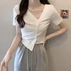 Women's T Shirts Skew Collar Shirt Women Y2k Korean Folds Crop Top Slim Short Sleeve Tees Female Button Summer Tshirts Femme Clothes 2024