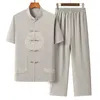 メンズトラックスーツ2024スタンドカラー刺繍短袖ズボンスーツ夏コットンリネンカエルボタン半袖