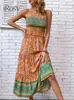 I blommor Boho -klänningar för kvinna Viscose Summer Long Sundress Elegant Shirring Cami Dress Female Vacation Beach Outfits 240411