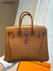 Femmes brkns sac à main en cuir authentique 7a Handswen Golden Brown Mist à face crocodile Skin 25cm HandSewn Highzq7e