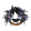 Decorative Flowers AT69 -Halloween Wreath For Front Door Halloween Crow With Bow Tie Decoraion Artificial Grapevine