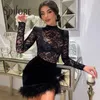 Abiti casual Spifore Sexy Sleeve Long Lace Donte Dress Black See Through Patchwork Feathers Mini Vestidos Party Clubwear Outfit da donna