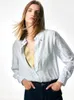 女性のブラウスSuyadream Women Striped Shirts Silk Crepe De Chine White and Blue 2024 Spring Summer Office Lady Chic Top