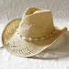 Weitkrempeln Hats Perlen Decor Strohhut stilvoller Western Cowboy -Stil mit verstellbarem winddichtem Riemen für den Außenbereich falten