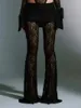 女性用パンツ女性サマーファッションクラブブラックハイウエストシアーレースフローラルフレア