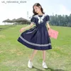 Mädchenkleider 2024 Sommer Neues Retro Girls Langes Kleid Frühling Seglerkragen Teenager Casual Striped JK Kleid Patchwork Puff Ärmel 12 Jahre Q240418