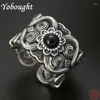 Cluster Rings S925 Sterling Silver For Men Genuine Fashion Ethnic Style Hollow Mongolian Pattern Agate Wide Vintage Couple Jewelry