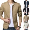 Casual Men Blazer Spring Autumn Stylish Business Kurtka stała kolorowa stojak na zamek błyskawiczne kieszenie cienki szczupły płaszcz 240407