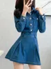 Robes décontractées vintage mince jean mini robe femme 2024 col de retein à manches longues hautes taies courtes femelles de mode coréenne