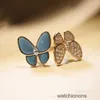 High-end Luxury Ring High version Fanjia Double Butterfly Ring Womens New Turquoise Set Diamond Open French Asymmetric Best Friend Pair