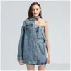 Basic & Casual Dresses Asymmetrical Denim Dress For Women Lapel Long Sleeve Hollow Out Work Tassel Streetwear Female Fashion Spring 2 Dhemx