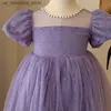 Flickans klänningar Nya flickor Party Dress Summer Elegant Princess Dress Purple Mesh Dress 1-9 Years Bow Birthday Party Clothes Q240418