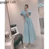 Robes de fête Gagarich 2024 Fashion Blue Bubble Sleeves French Dress Femme Summer Two Piece Set High End Style Sweet