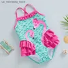 One-Pieces Summer Flamingo Bikini Pasgeboren Girl Swimsuit Nieuw schattig meisje Beach kleding Bikini Childrens Swimsuit Mouwloze Bikini Set Q240418